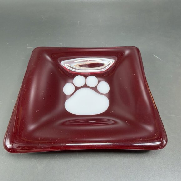 Hand Made Red Fused Art Glass Square Trinket Dish Plate White Dog Paw Vintage - Picture 13 of 13